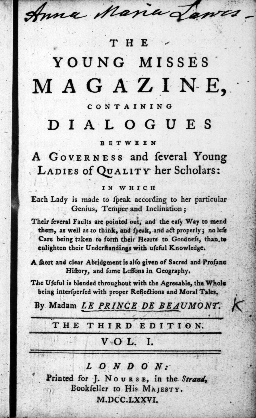 Title page of The Young Misses Magazine, containing dialogues between a governess and several young ladies of quality her scholars, third edition, London, 1776