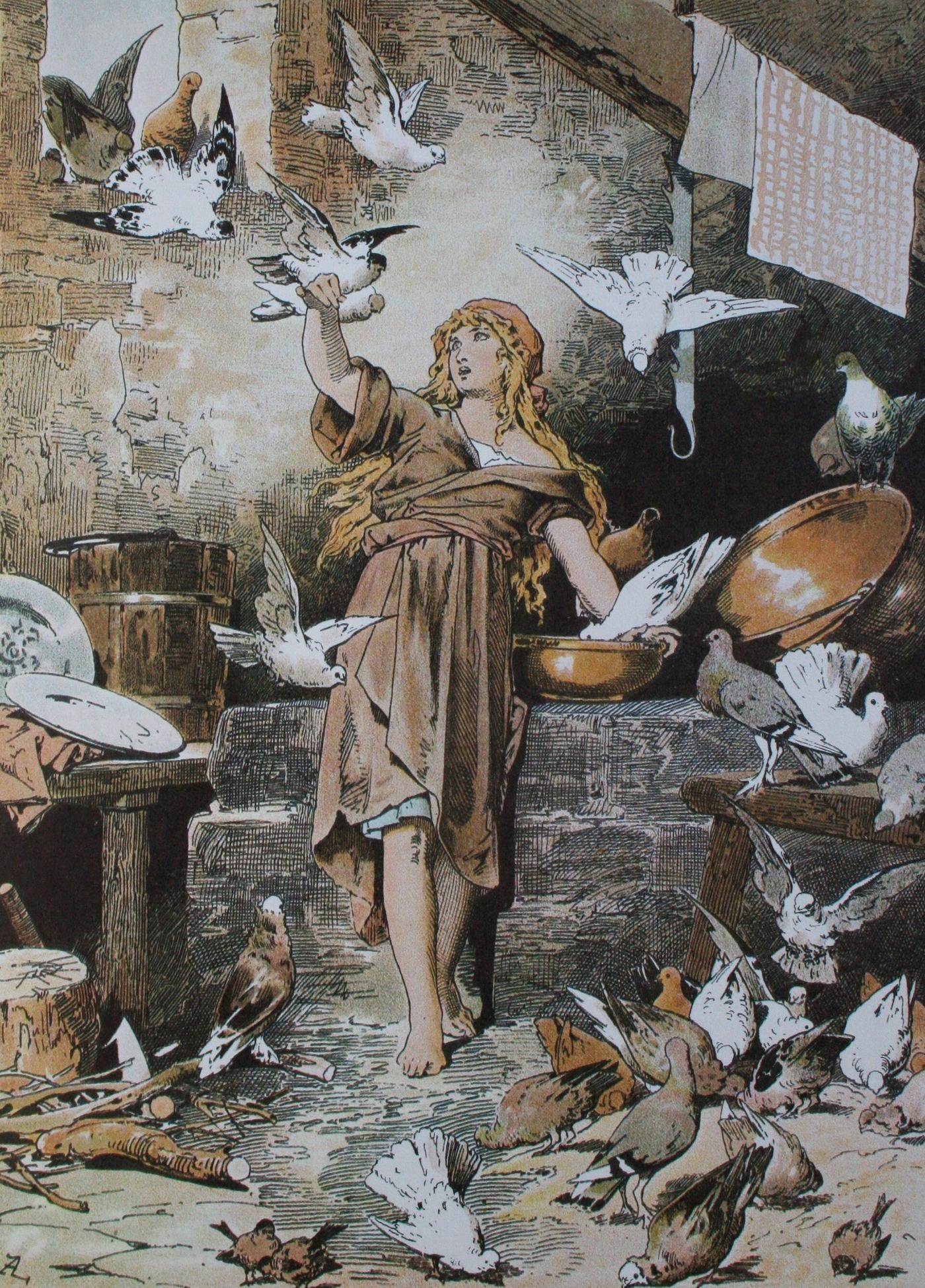 Cinderella barefoot in a ruined kitchen while doves and sparrows swarm the bowls, by Alexander Zick