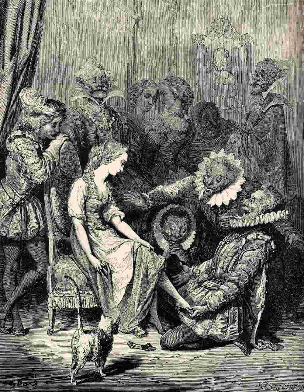 A kneeling courtier fits the slipper onto Cinderella while the court crowds in, an engraving by Gustave Doré