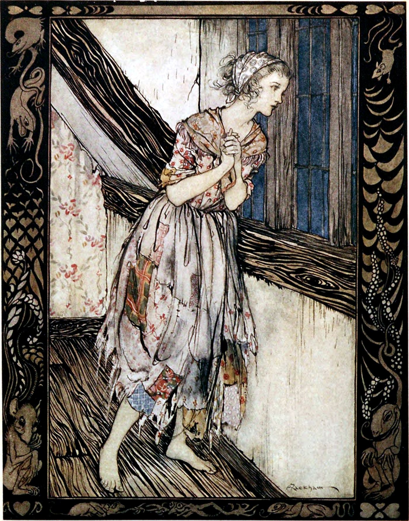 Cinderella in patched rags on a bare staircase, by Arthur Rackham