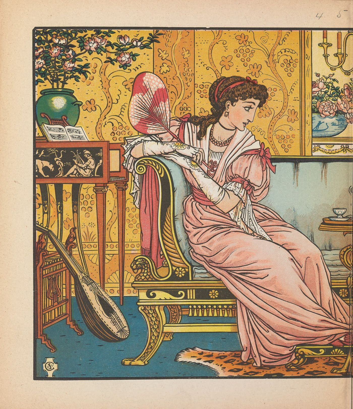 Beauty reclining in a patterned palace room, by Walter Crane