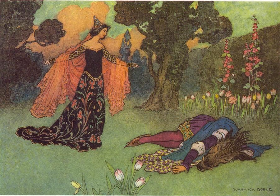 Beauty finds the Beast lying among flowers in a garden, an illustration by Warwick Goble