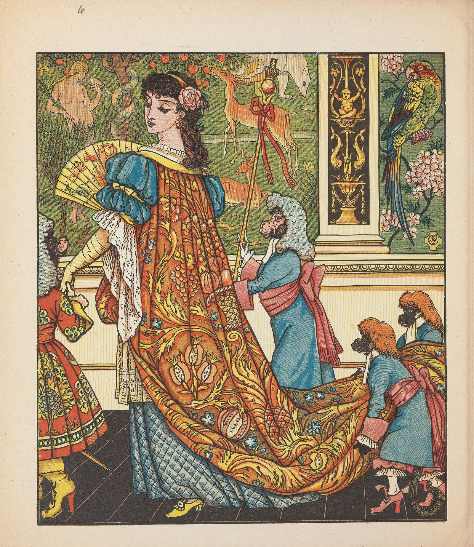 Beauty in a long patterned cloak walks beside the Beast through a palace garden, in a colour woodblock print by Walter Crane