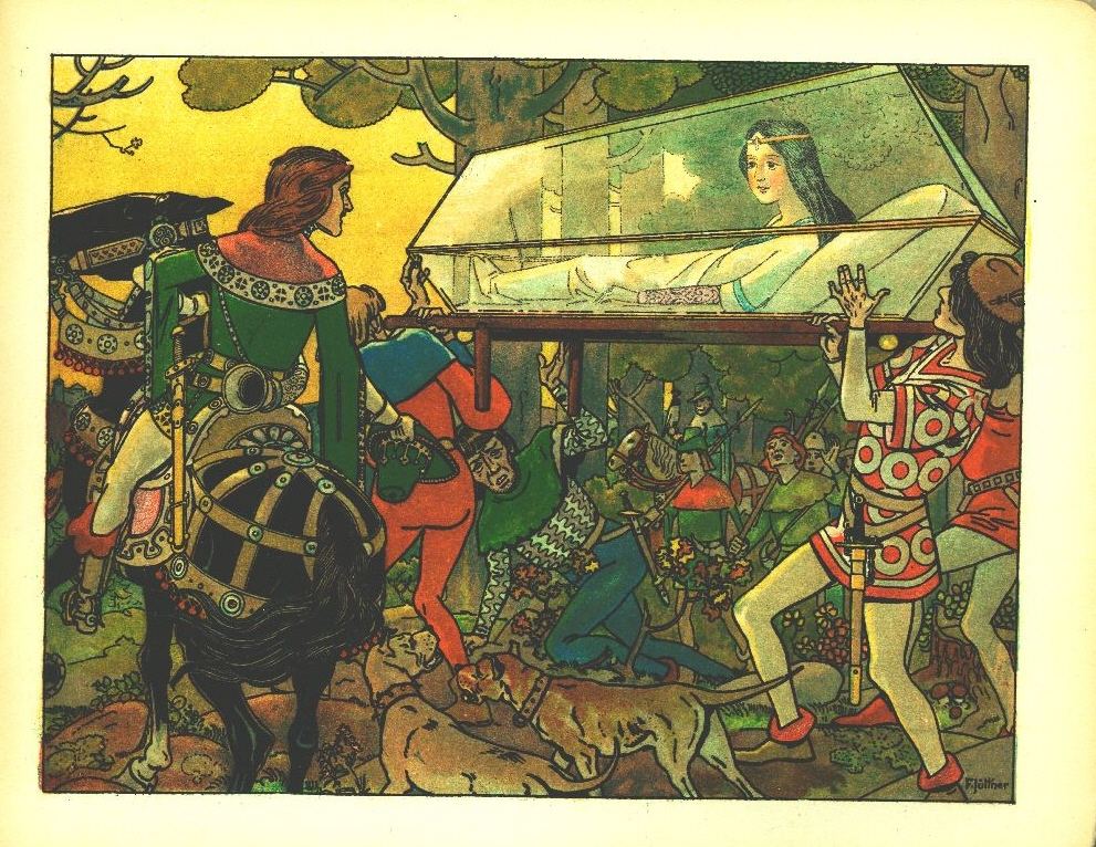 The glass coffin is carried through the forest, by Franz Jüttner