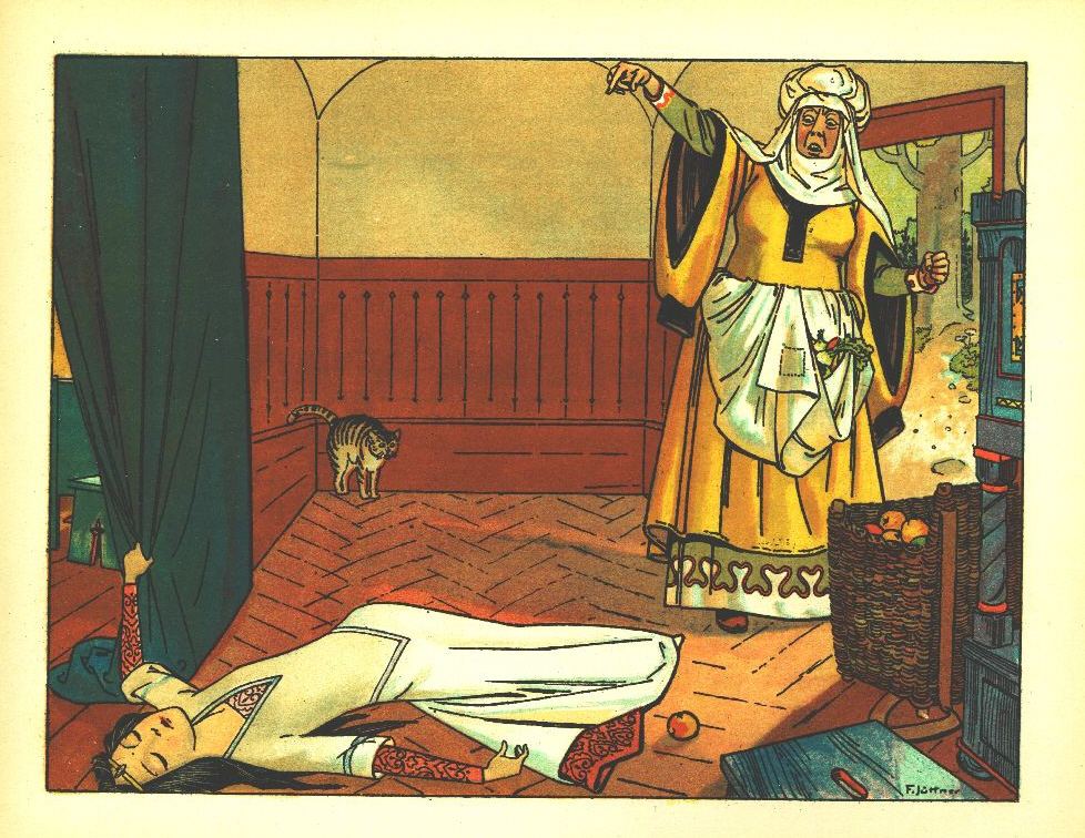 The queen stands before her mirror while Snow White lies on the floor, by Franz Jüttner