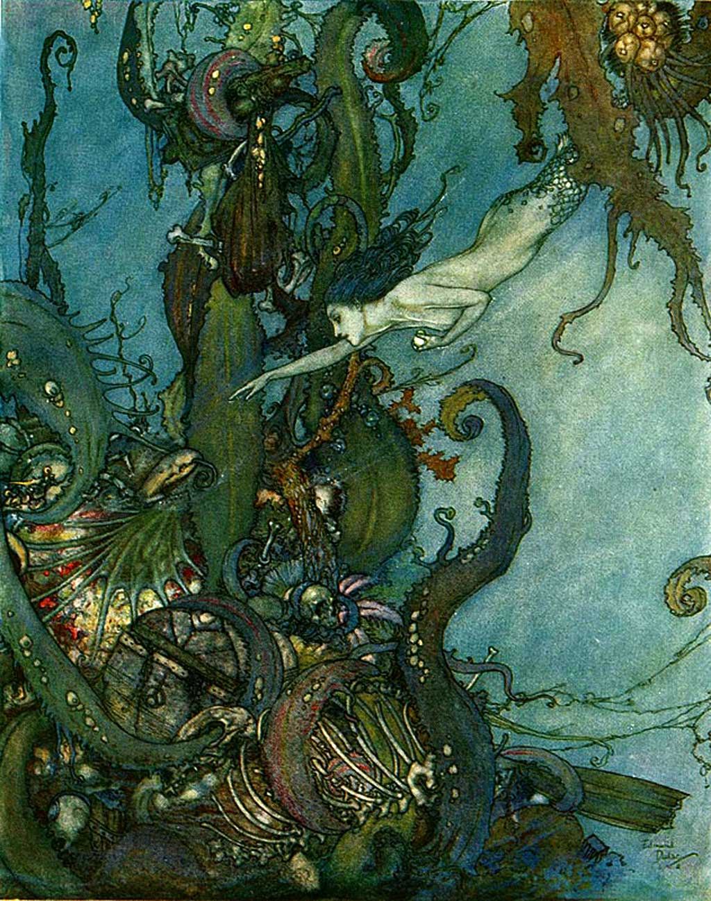 The little mermaid swimming upward through blue water, by Edmund Dulac