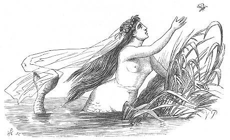 The little mermaid reaching up from the water among reeds, a drawing by Vilhelm Pedersen