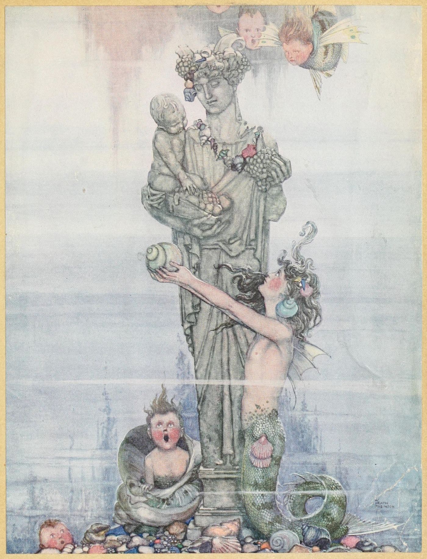 The mermaid embraces a marble statue of a boy in her garden, by W. Heath Robinson