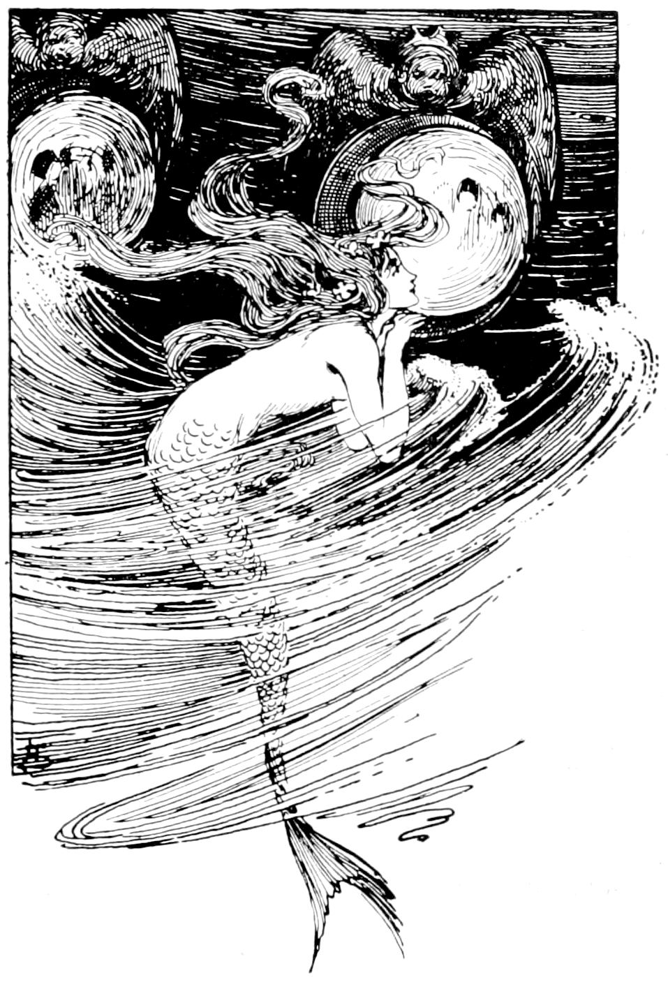 The mermaid rises through swirling water toward the surface, a line drawing by Helen Stratton