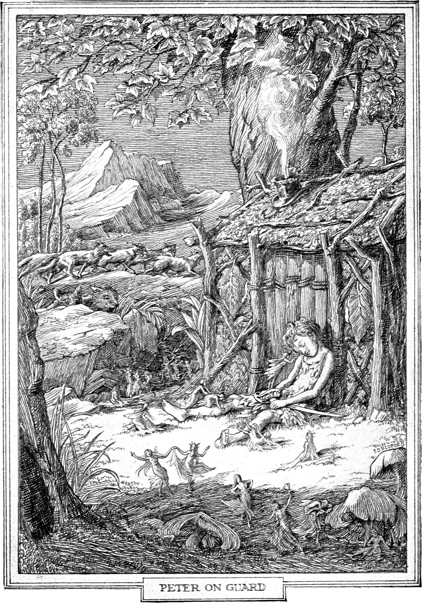 Peter on guard outside the underground house, by F. D. Bedford