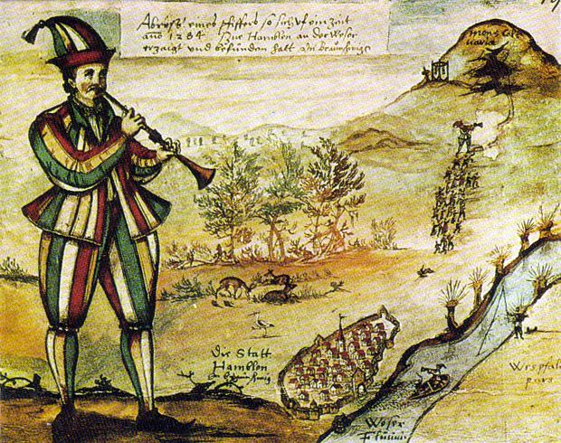 The piper in particoloured clothes leads the children out of Hamelin toward a hill, a 1592 watercolour copy of the lost church window