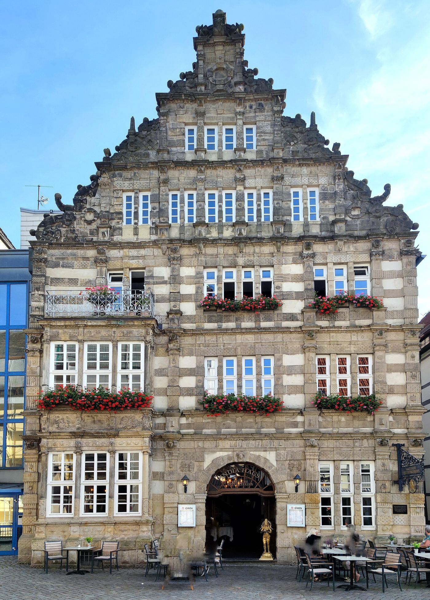 The Rattenfängerhaus, a stone Renaissance house on Osterstrasse in Hamelin