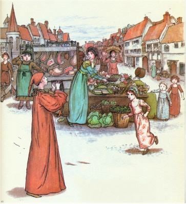 The piper walks through a market crowd of children, by Kate Greenaway