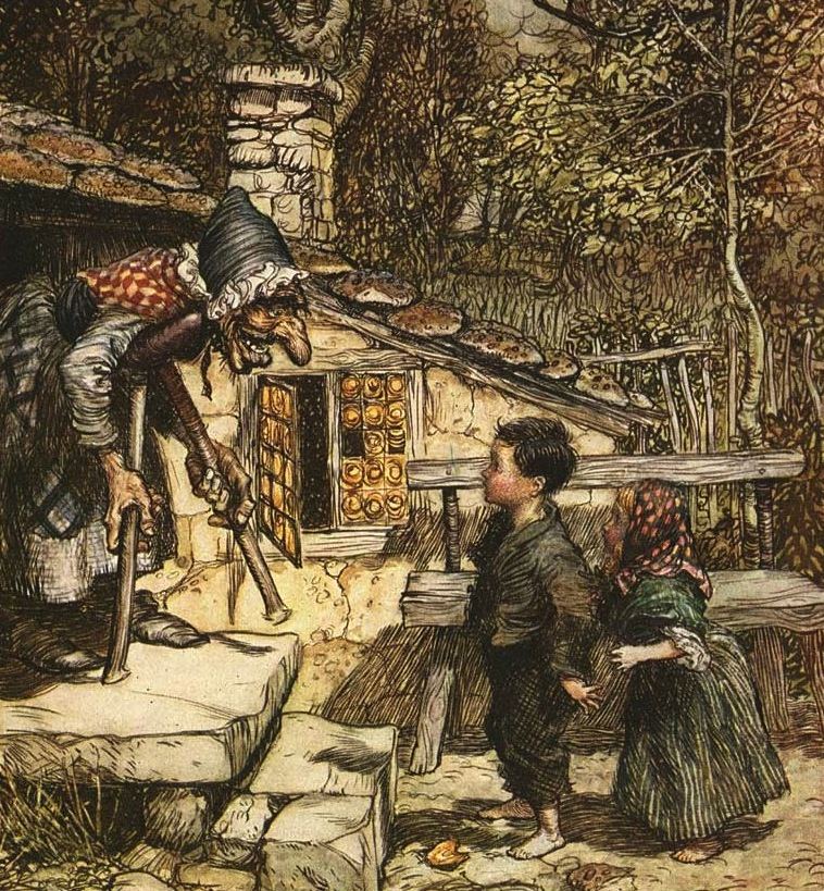 The witch leads Hansel and Gretel toward her house, by Arthur Rackham