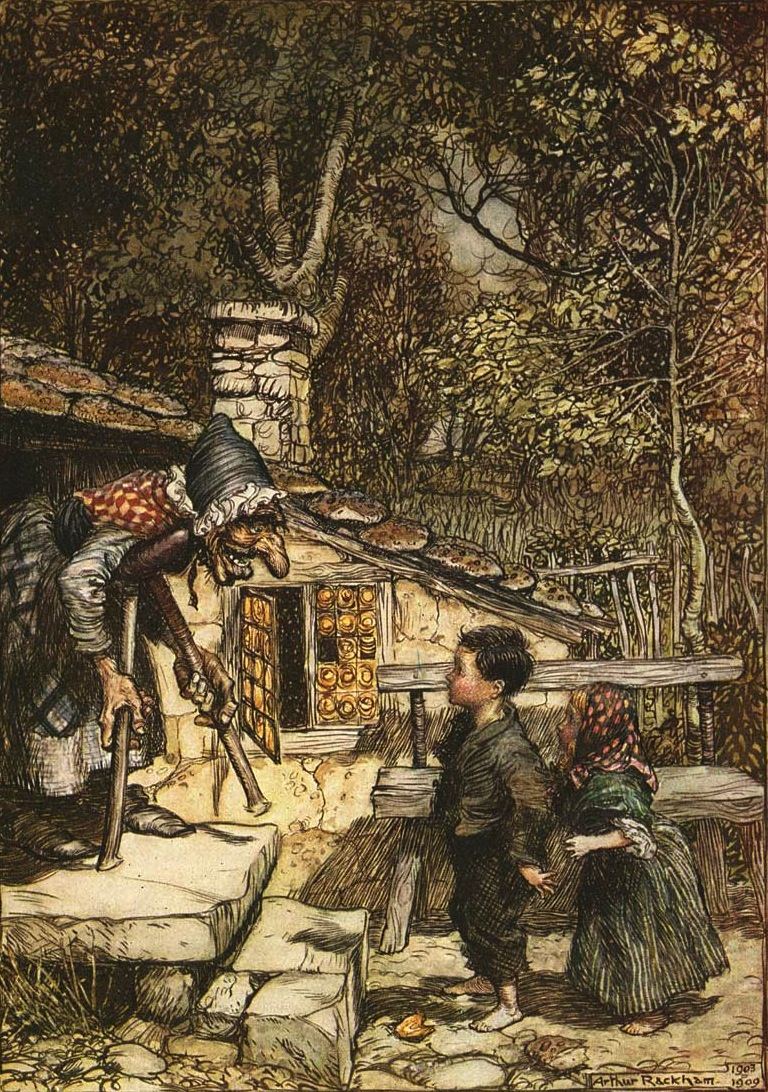 The witch leads Hansel and Gretel toward her house in the wood, by Arthur Rackham