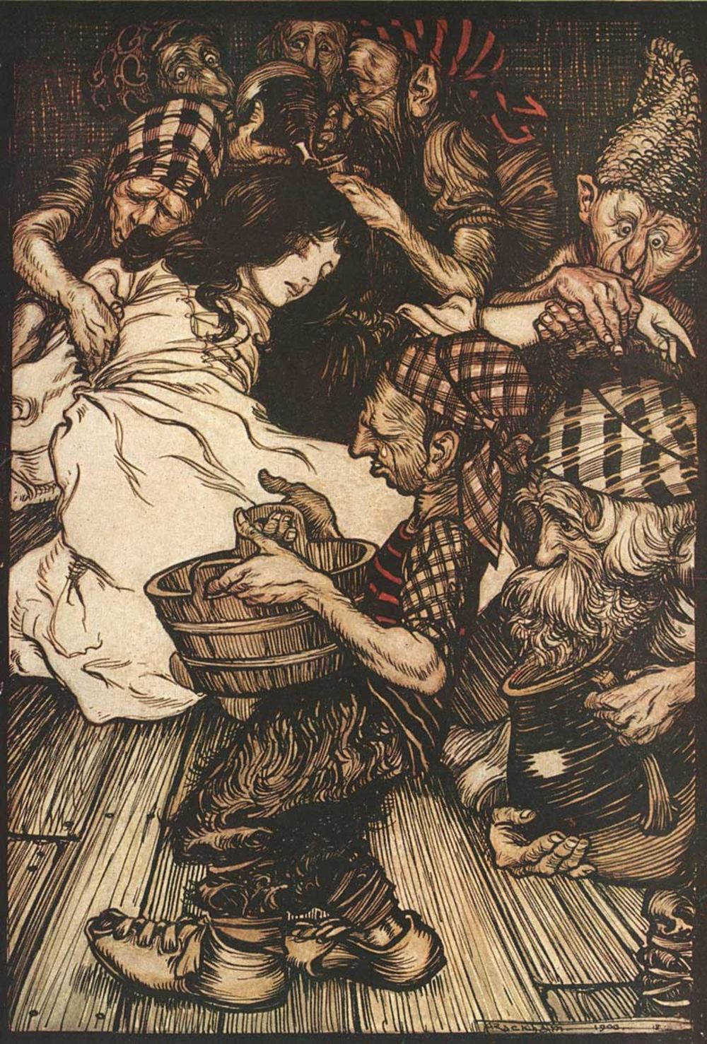 The dwarfs find Snow White asleep in their house, by Arthur Rackham