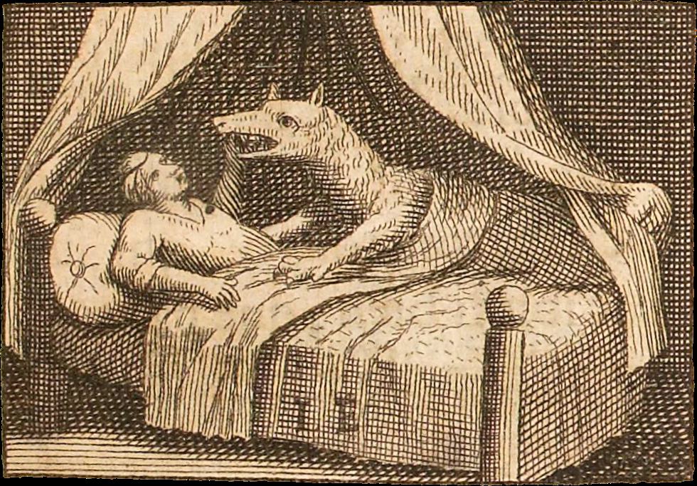 The wolf in the grandmother's bed, the woodcut printed with the tale in the 1697 Barbin edition