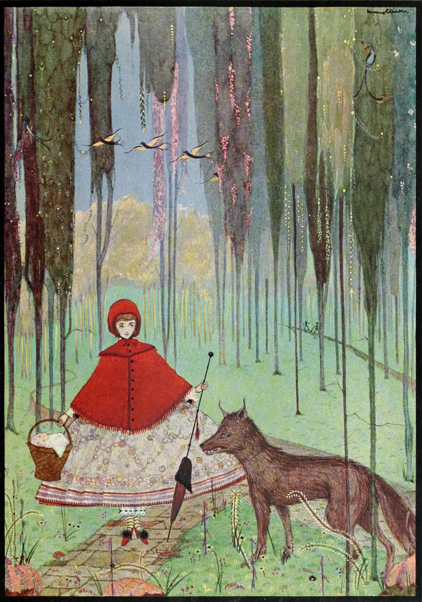 Red Riding Hood in a forest of thin trees with the wolf, by Harry Clarke