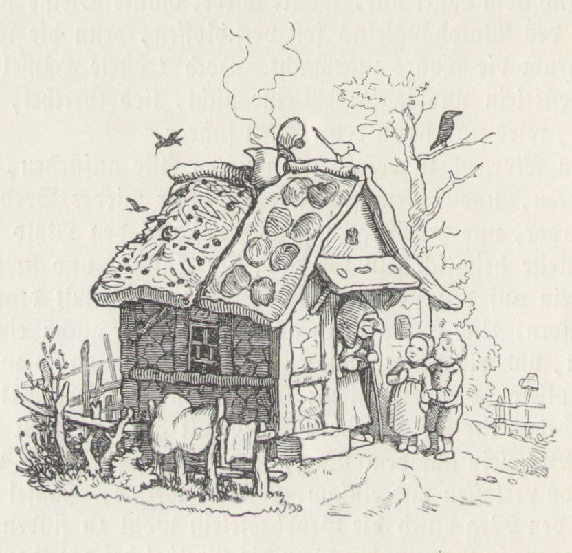 The children approach the witch's bread house, a wood engraving after Ludwig Richter