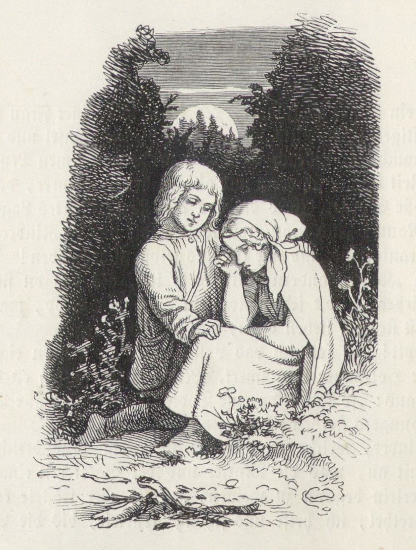 Hansel and Gretel sitting together in the wood, a wood engraving after Ludwig Richter