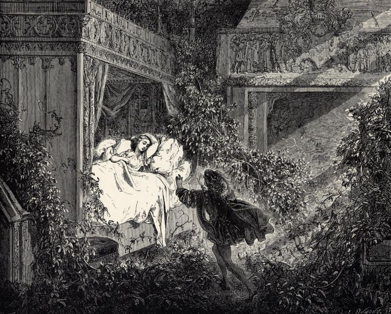 The prince finds the princess asleep in a curtained bed overgrown with vines, an engraving by Gustave Doré