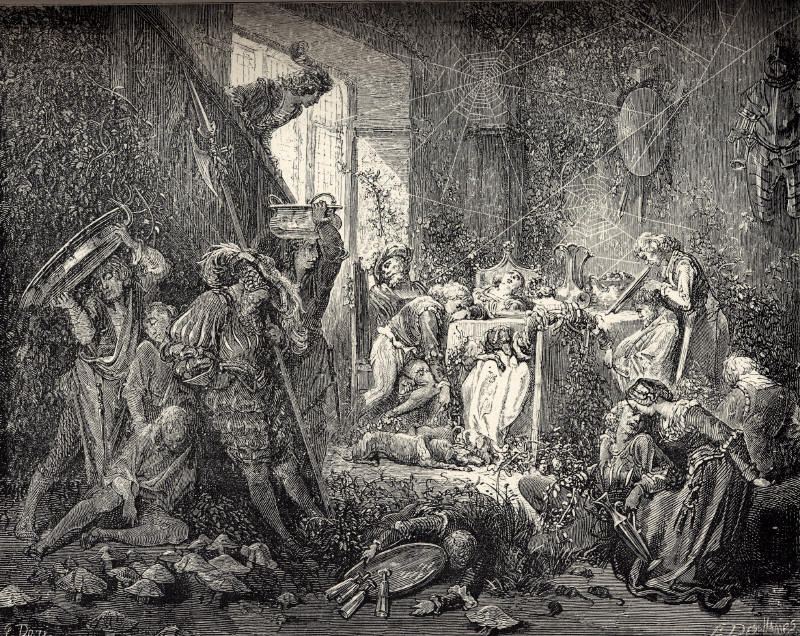 Sleeping courtiers slumped through the palace, an engraving by Gustave Doré