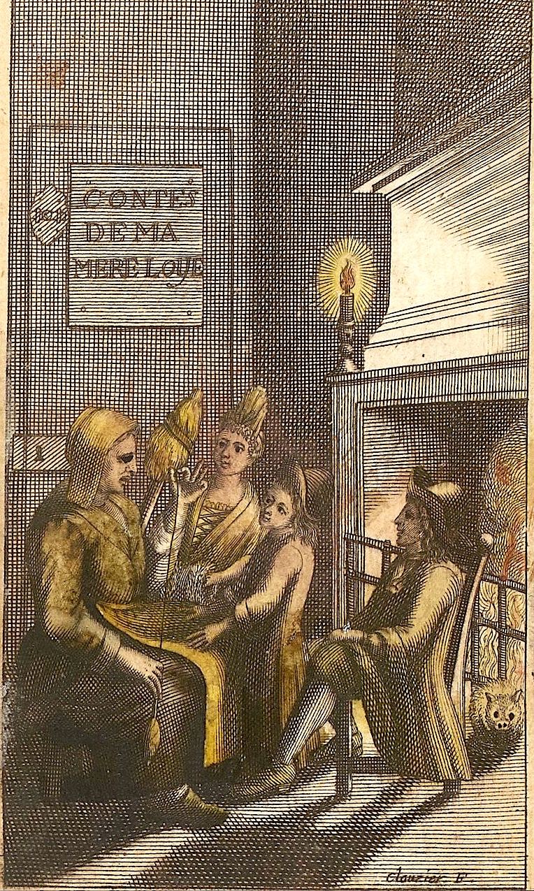 The 1697 frontispiece: an old woman tells stories to children by a fire under a sign reading Contes de ma Mère l'Oye