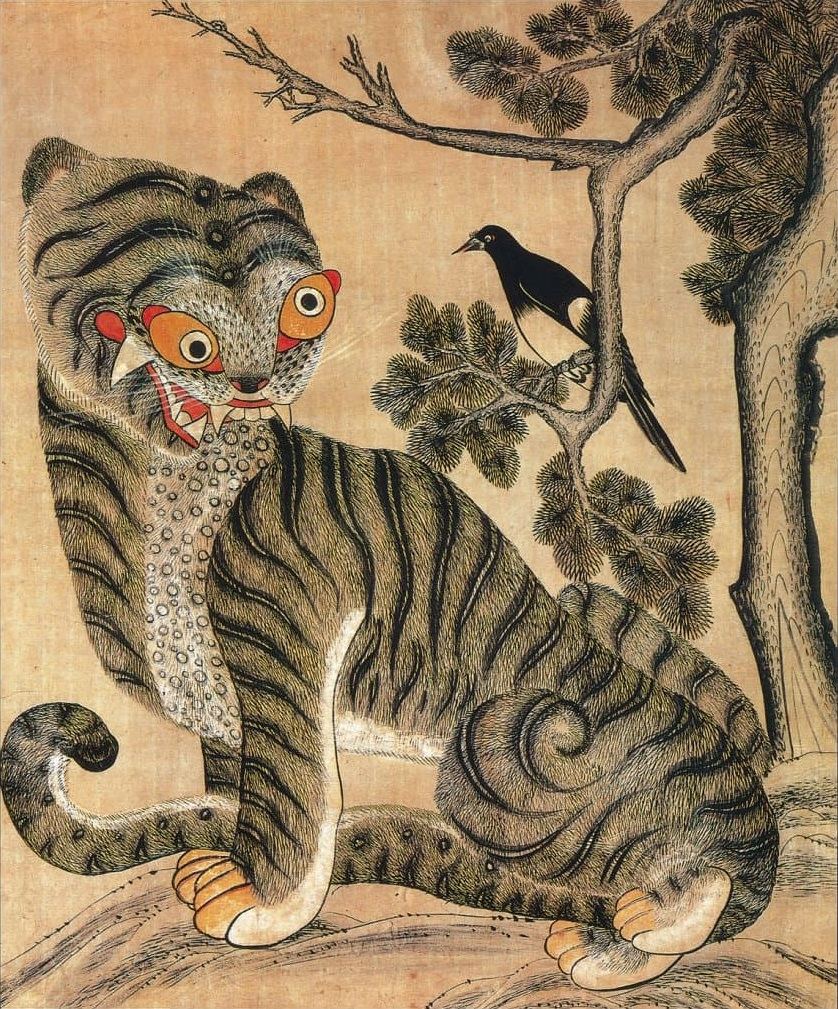 A grinning tiger under a pine with a magpie, Korean minhwa