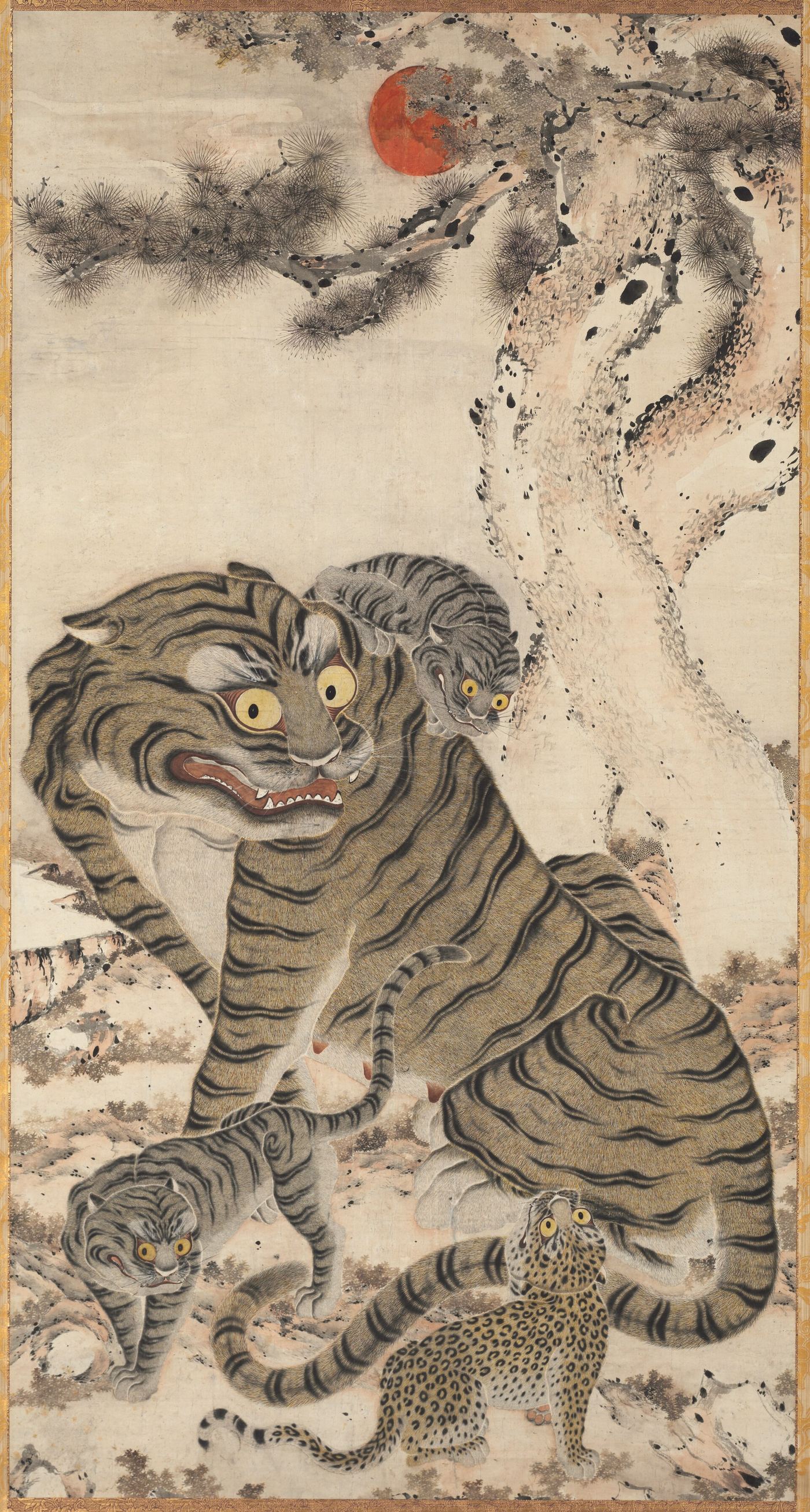A tiger with cubs beneath a pine and a red sun, Korean folk painting