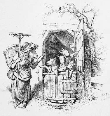 The wolf, dressed as a peasant, at the door of the seven kids' cottage, by Hermann Vogel