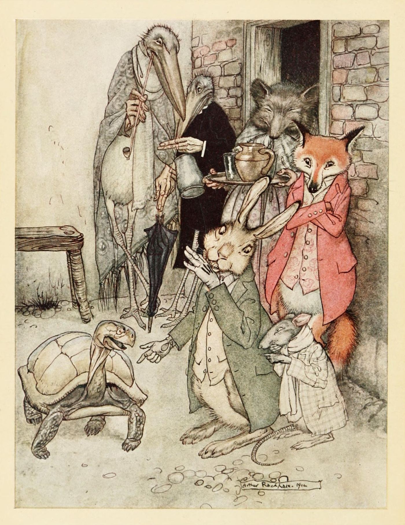 The tortoise and the hare, with a fox and animal spectators at the finish, by Arthur Rackham