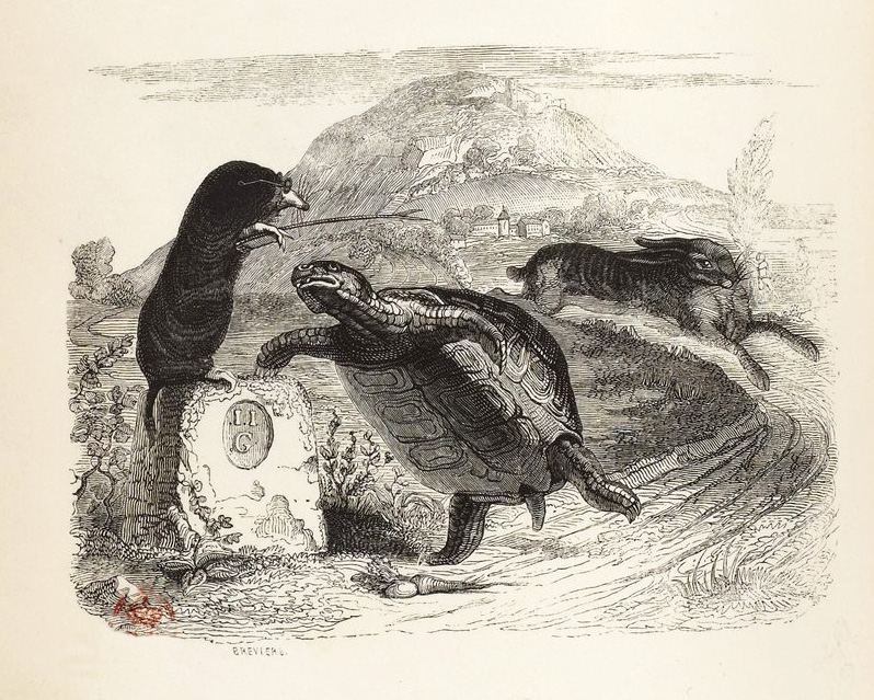 The tortoise crosses the line while the hare races up behind, a wood engraving by J. J. Grandville