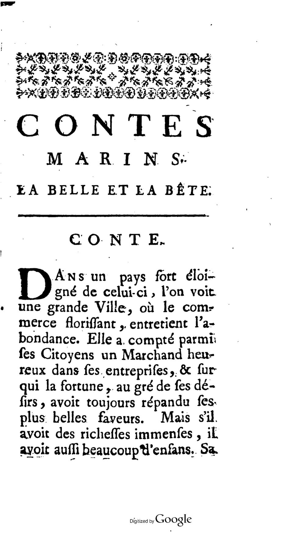 First page of La Belle et la Bête in the 1765 edition of Villeneuve's tales